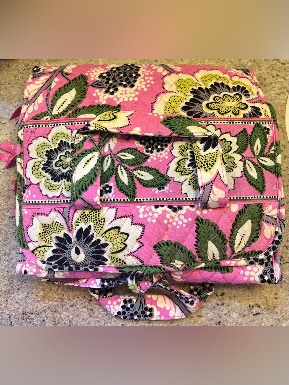 Vera Bradley Pink Floral Hanging Organizer with Green and Black Accents